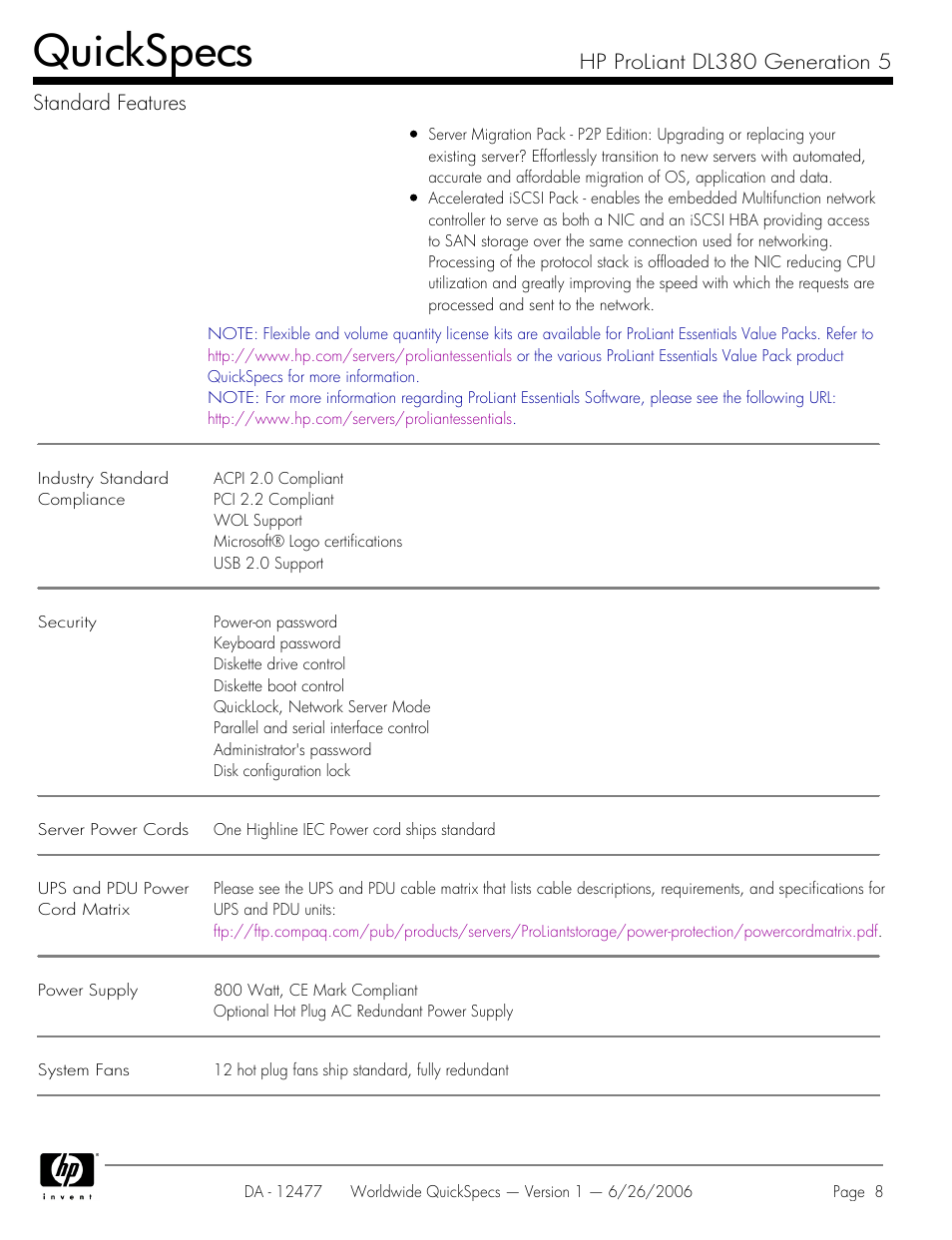 Quickspecs, Hp proliant dl380 generation 5 standard features | HP DL380 User Manual | Page 8 / 40