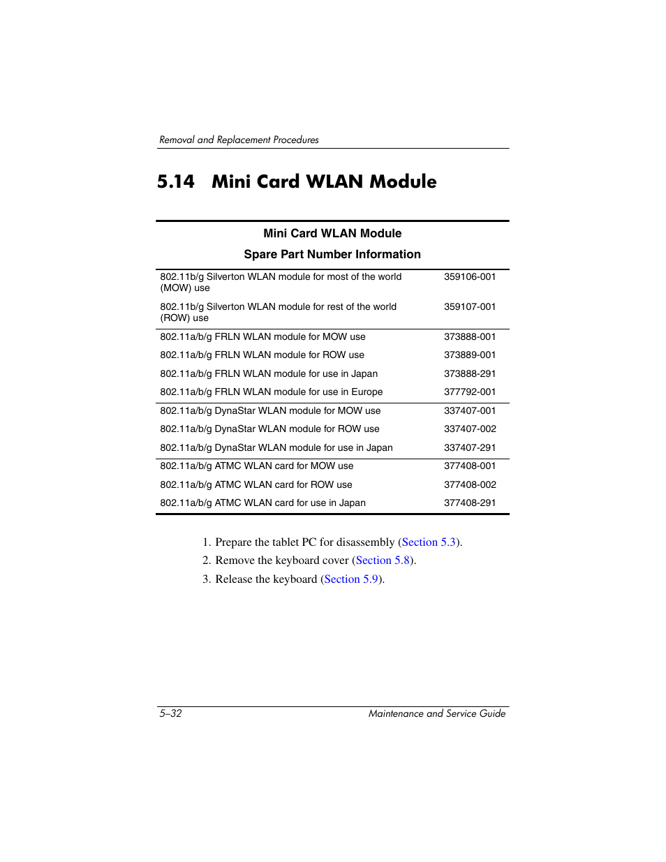 14 mini card wlan module, 14 mini card wlan module –32, Mini card wlan module | HP TC4400 User Manual | Page 115 / 219