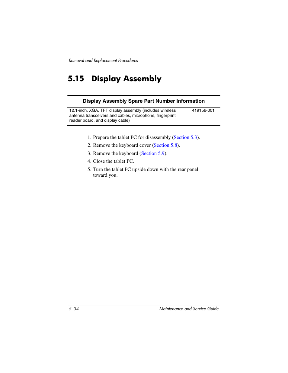 15 display assembly, 15 display assembly –34, Display assembly | HP TC4400 User Manual | Page 117 / 219