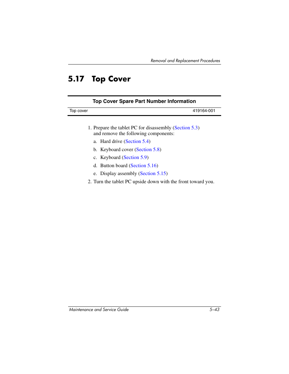 17 top cover, 17 top cover –43, Top cover | HP TC4400 User Manual | Page 126 / 219