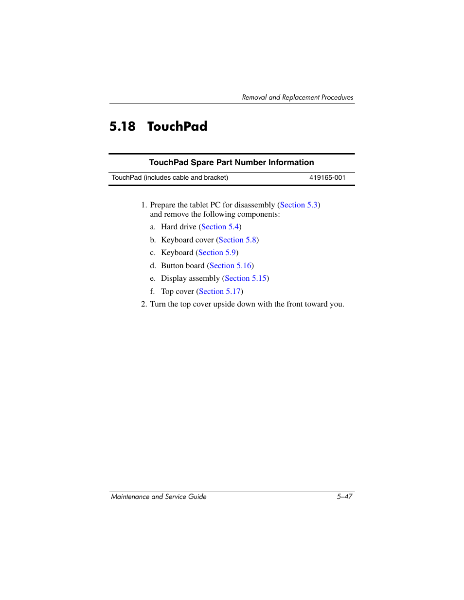 18 touchpad, 18 touchpad –47, Touchpad | HP TC4400 User Manual | Page 130 / 219