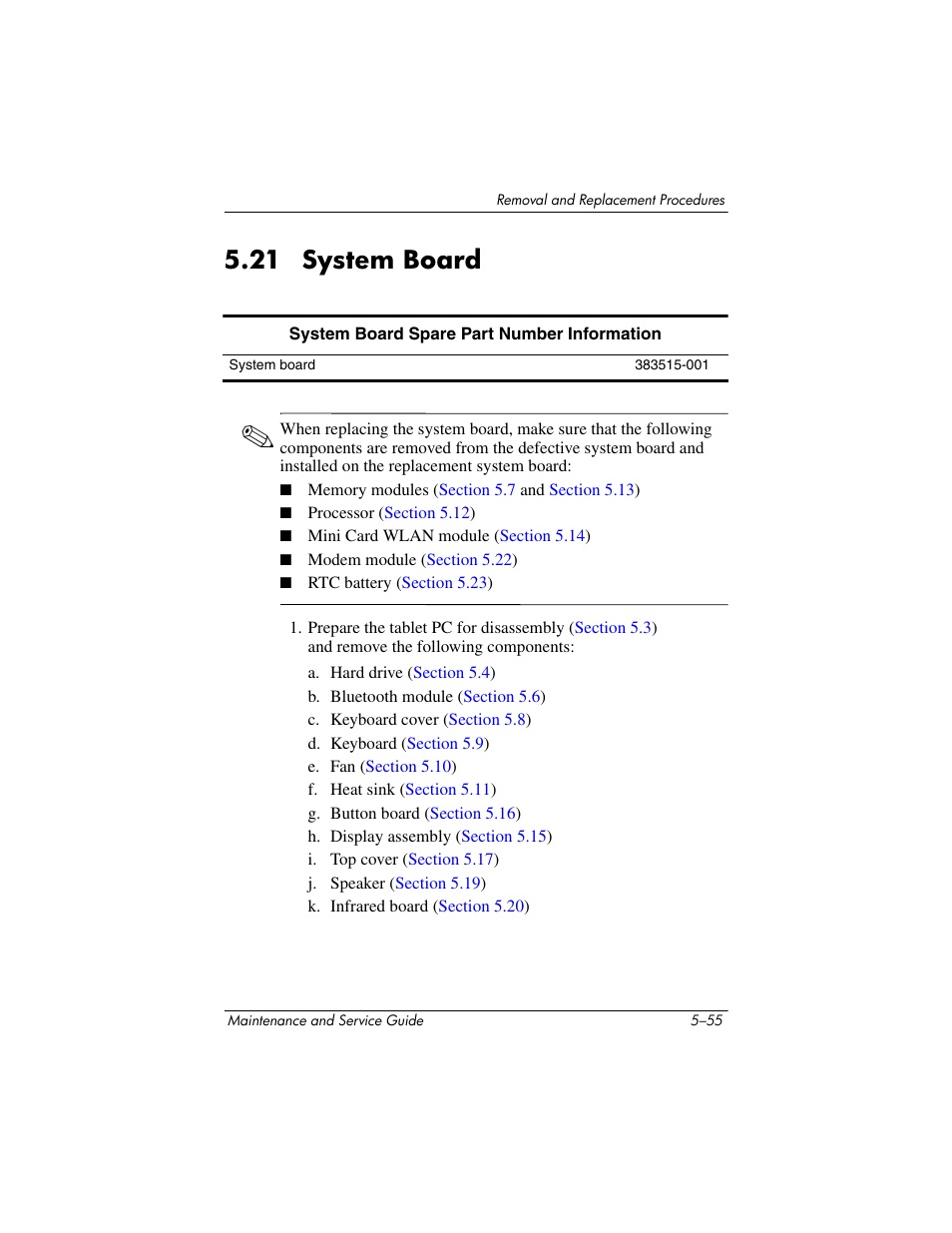 21 system board, 21 system board –55, Section 5.21, “system | Board, System board | HP TC4400 User Manual | Page 138 / 219