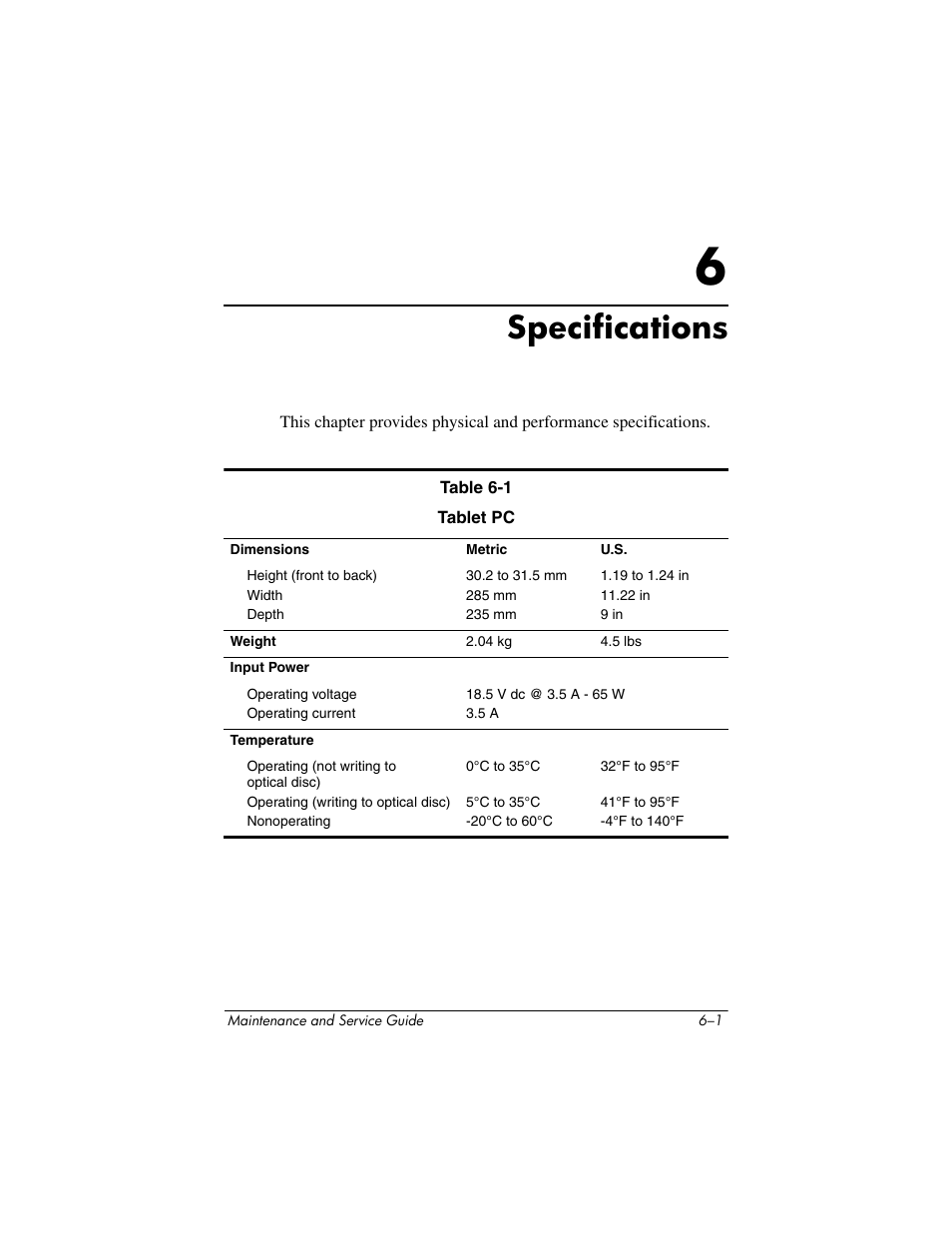 Specifications, 6 specifications | HP TC4400 User Manual | Page 147 / 219