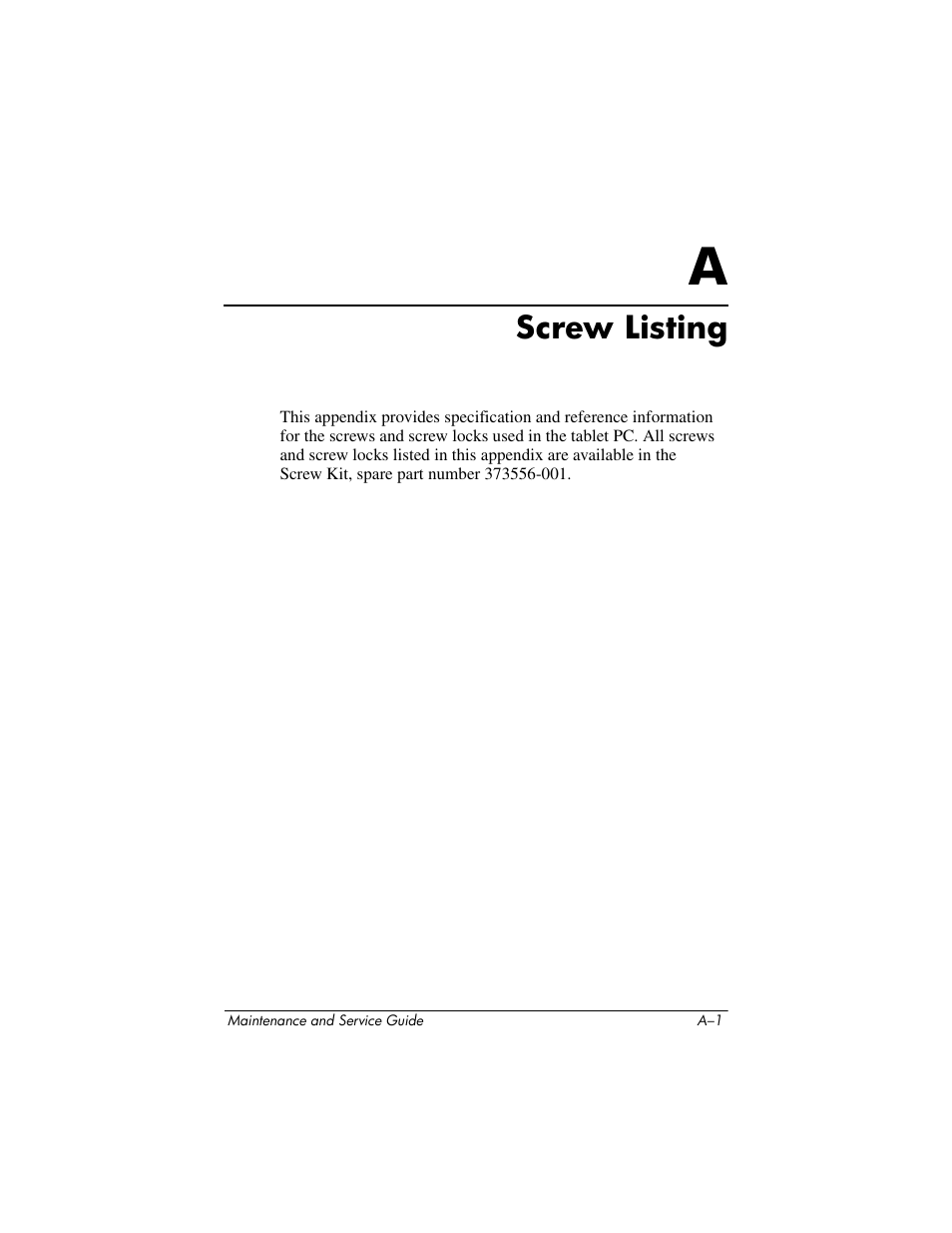 Screw listing, A screw listing | HP TC4400 User Manual | Page 159 / 219