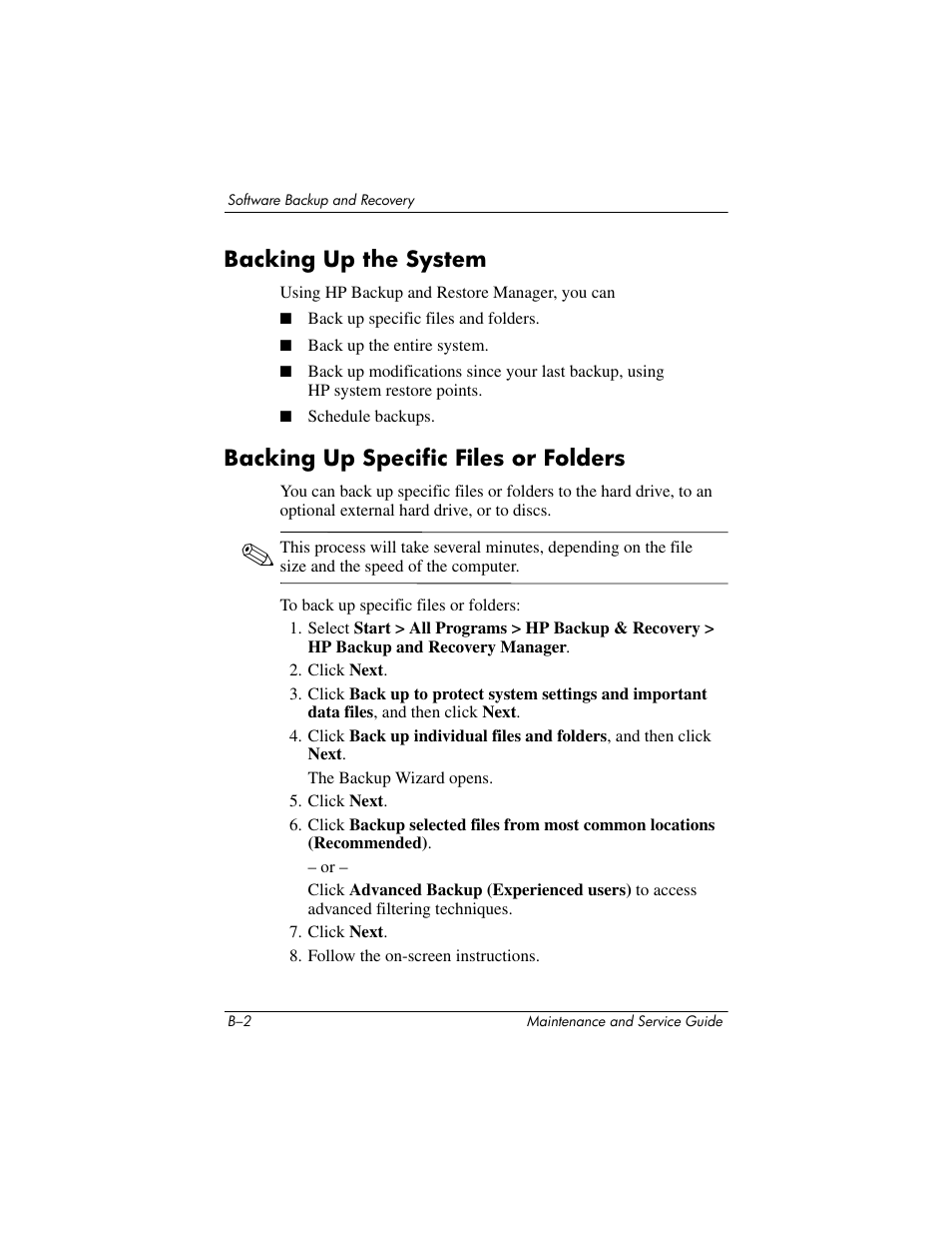 Backing up the system, Backing up specific files or folders | HP TC4400 User Manual | Page 182 / 219