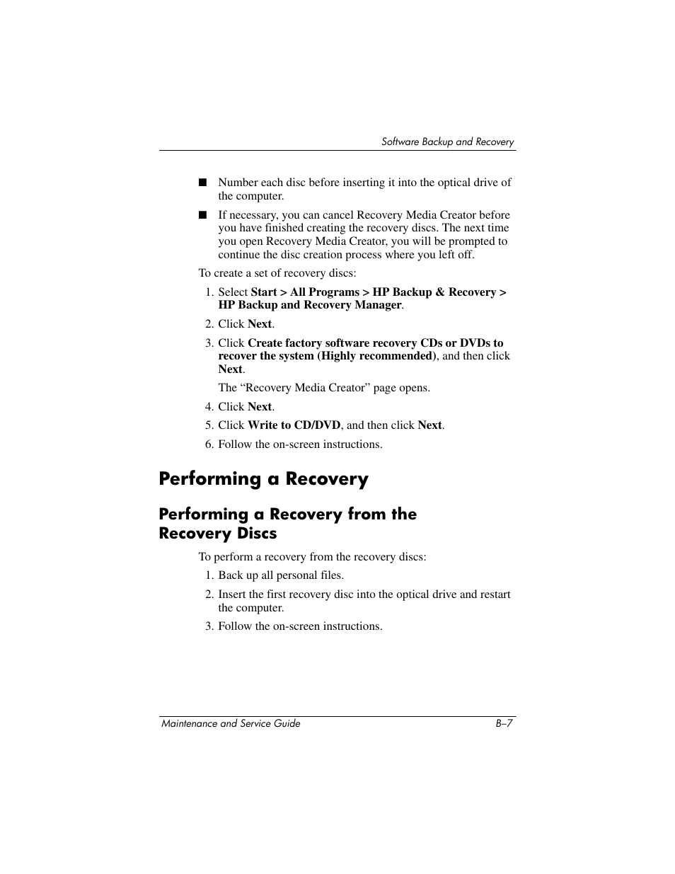 Performing a recovery, Performing a recovery from the recovery discs | HP TC4400 User Manual | Page 187 / 219