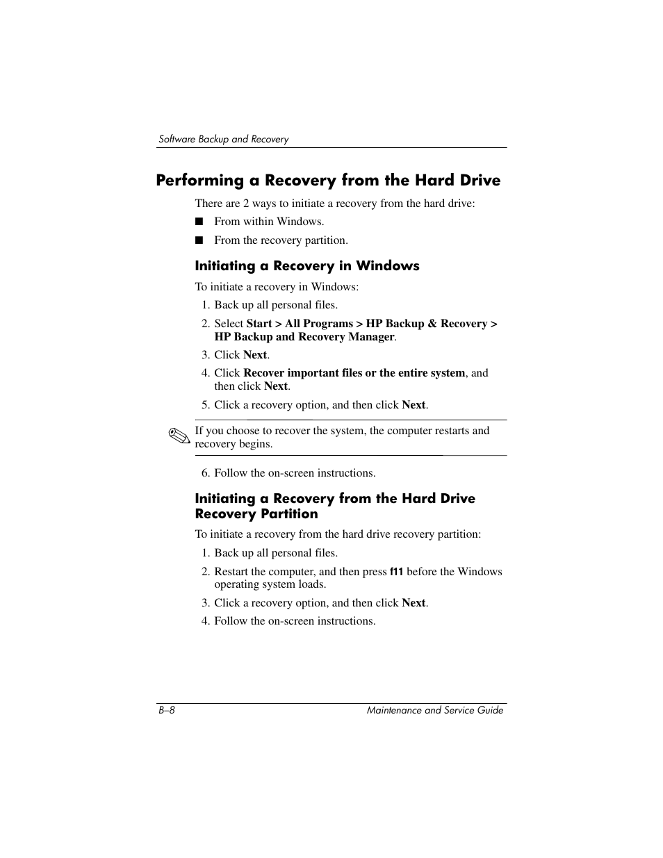 Performing a recovery from the hard drive | HP TC4400 User Manual | Page 188 / 219