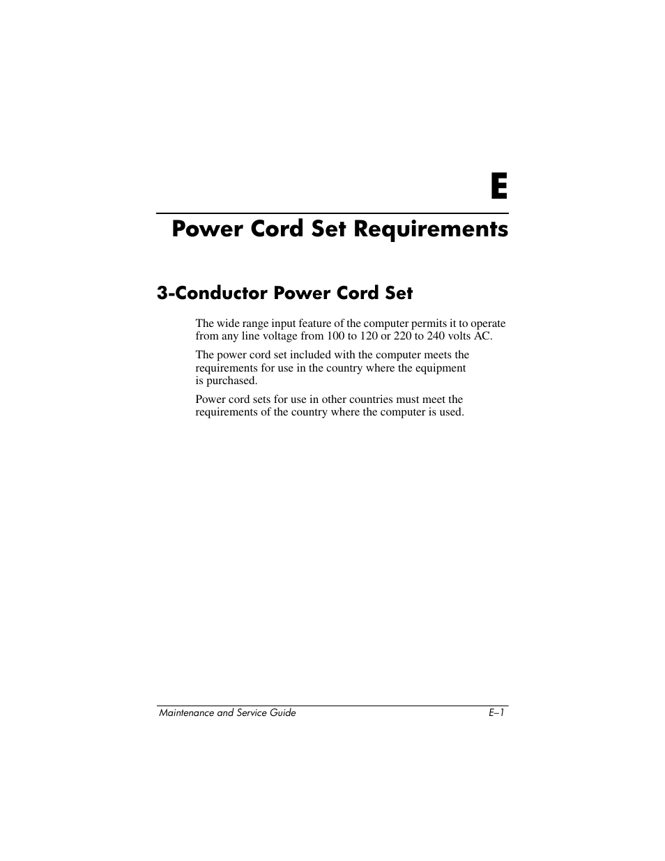 Power cord set requirements, Conductor power cord set, E power cord set requirements | HP TC4400 User Manual | Page 209 / 219