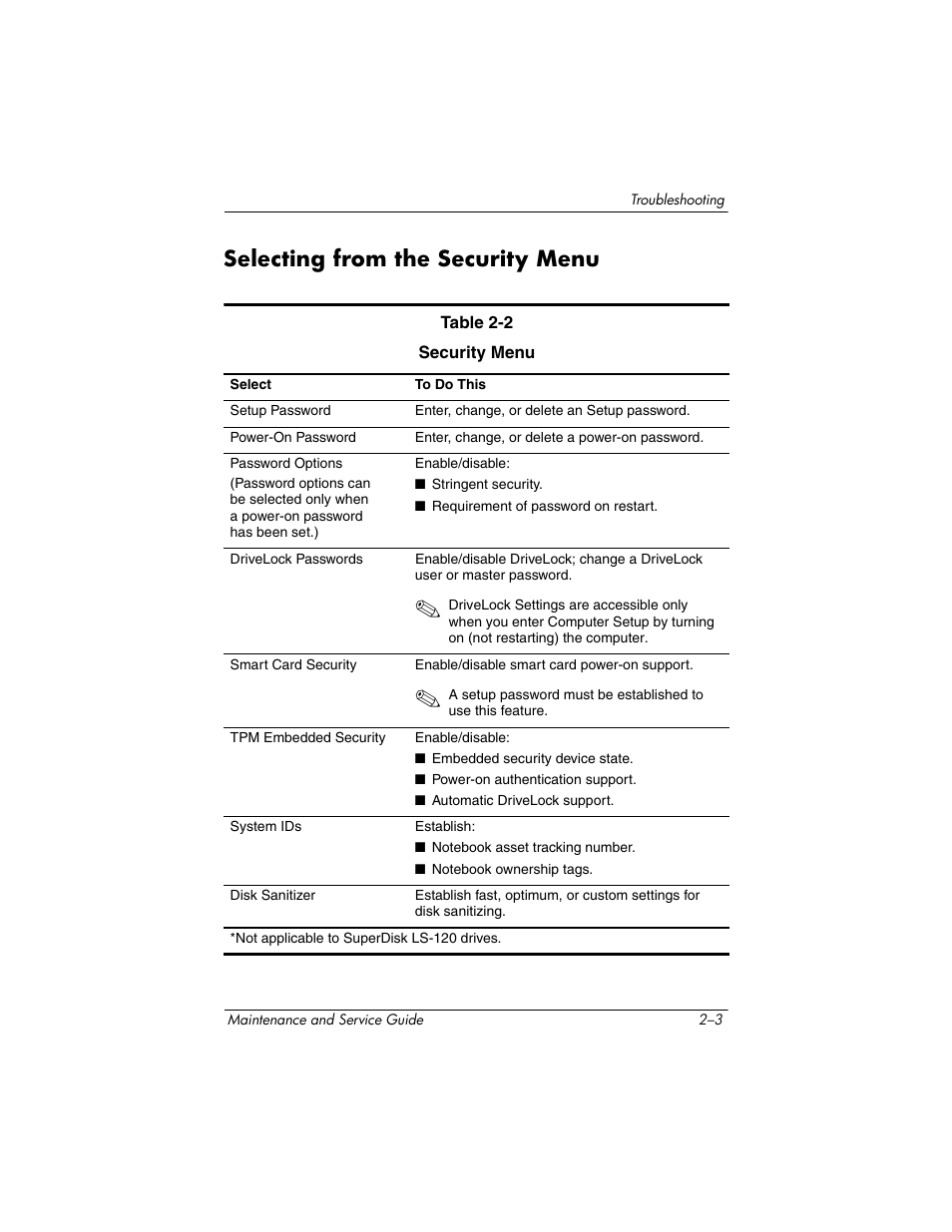 Selecting from the security menu, Selecting from the security menu –3 | HP TC4400 User Manual | Page 31 / 219