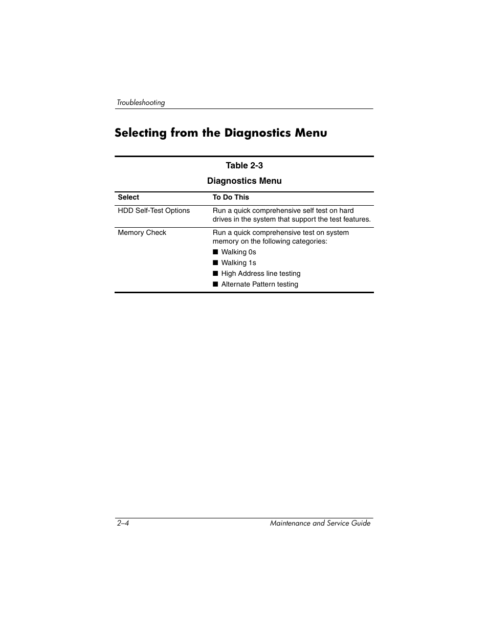 Selecting from the diagnostics menu, Selecting from the diagnostics menu –4 | HP TC4400 User Manual | Page 32 / 219