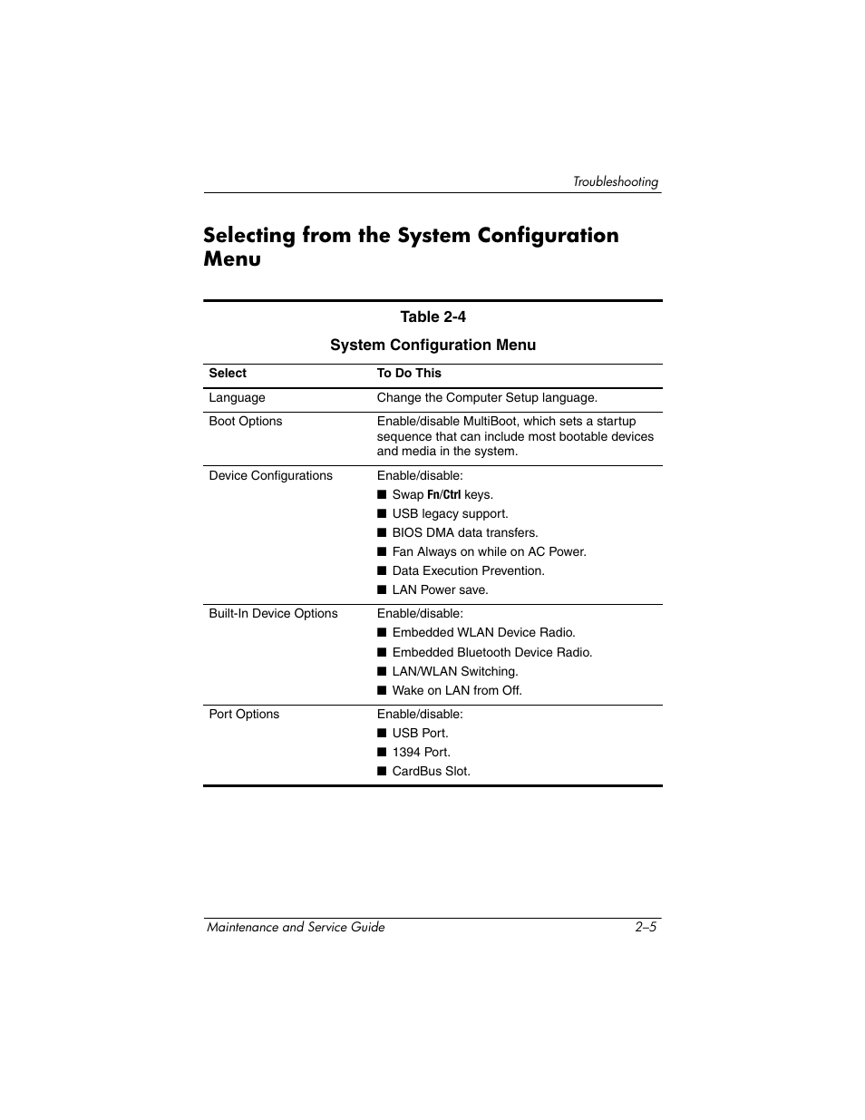 Selecting from the system configuration menu, Selecting from the system configuration menu –5 | HP TC4400 User Manual | Page 33 / 219