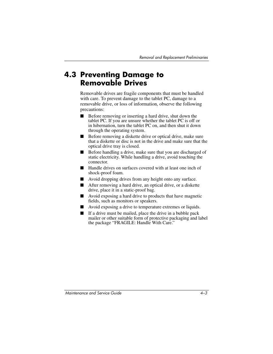 3 preventing damage to removable drives, 3 preventing damage to removable drives –3 | HP TC4400 User Manual | Page 78 / 219