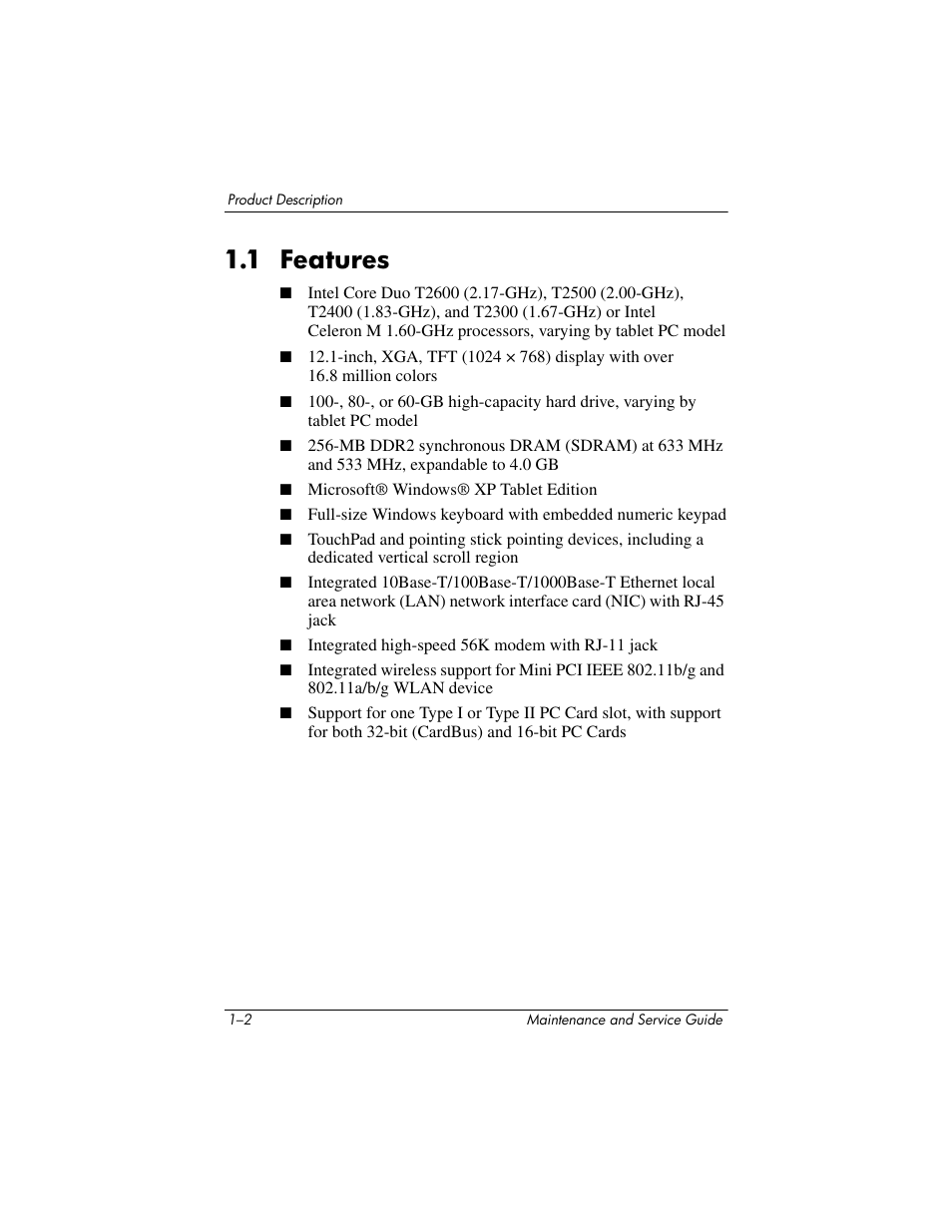 1 features, 1 features –2 | HP TC4400 User Manual | Page 8 / 219