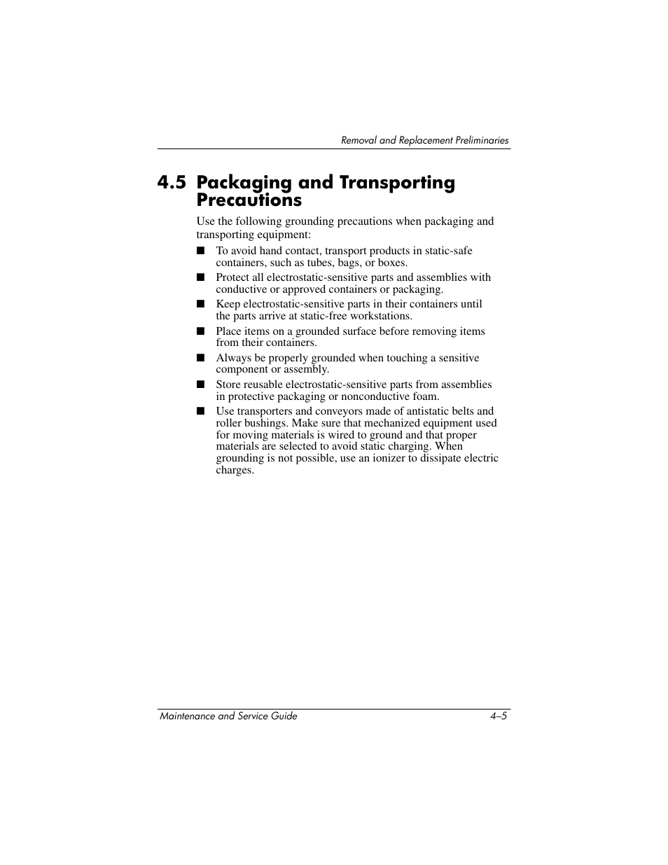 5 packaging and transporting precautions, 5 packaging and transporting precautions –5 | HP TC4400 User Manual | Page 80 / 219