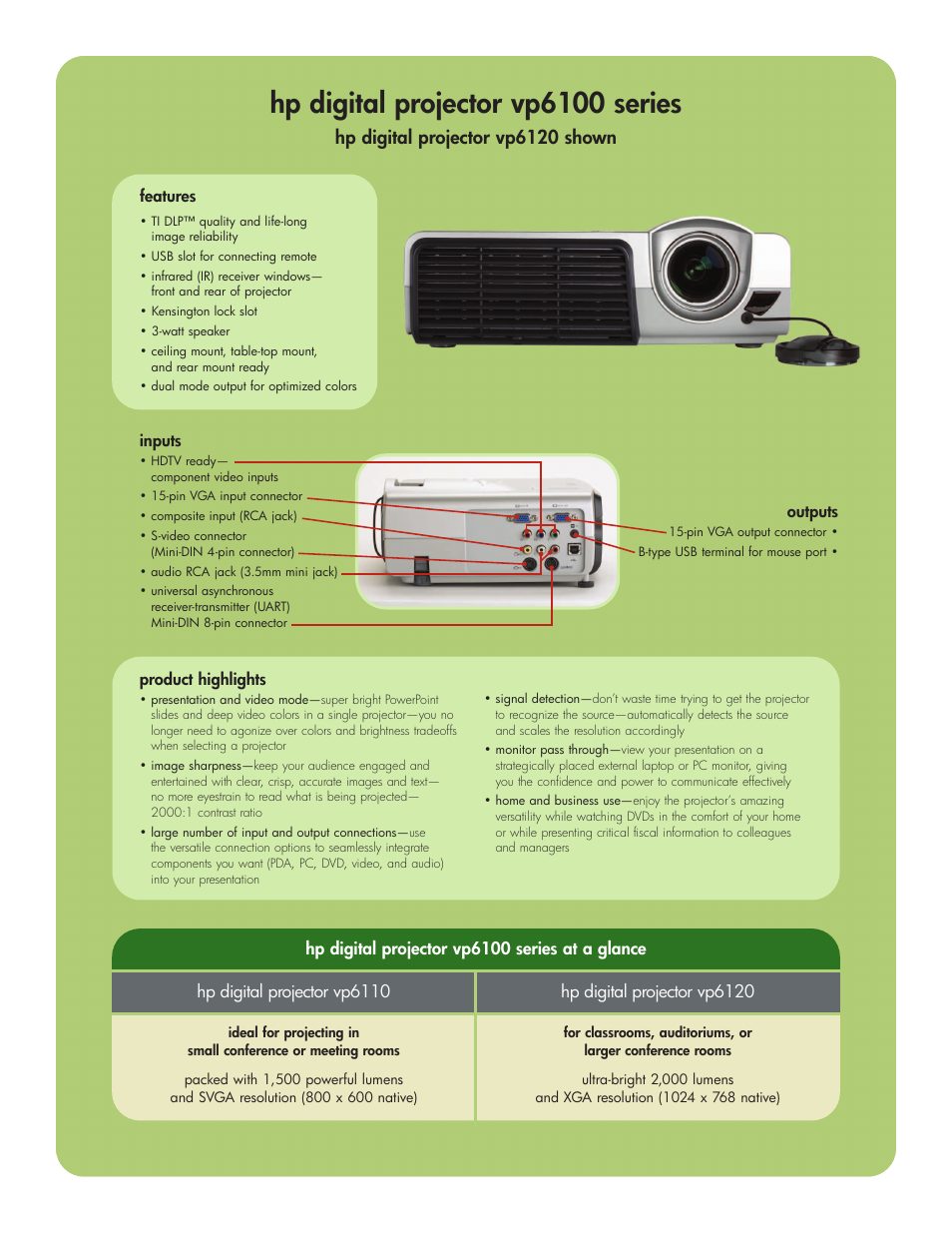 Hp digital projector vp6100 series, Hp digital projector vp6120 shown | HP vp6100 Series User Manual | Page 2 / 4