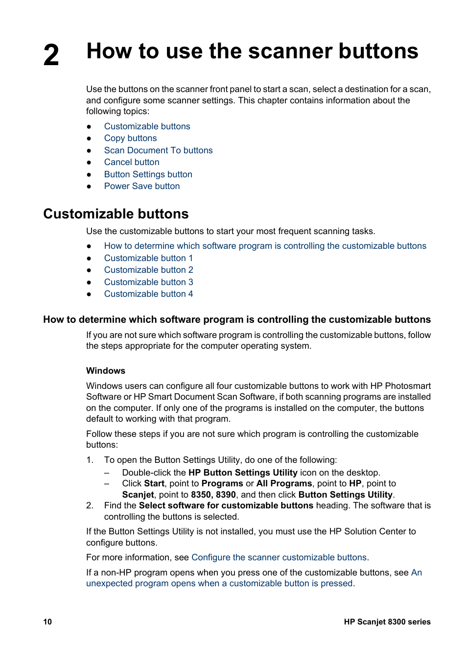 How to use the scanner buttons, Customizable buttons | HP 8300 User Manual | Page 12 / 65
