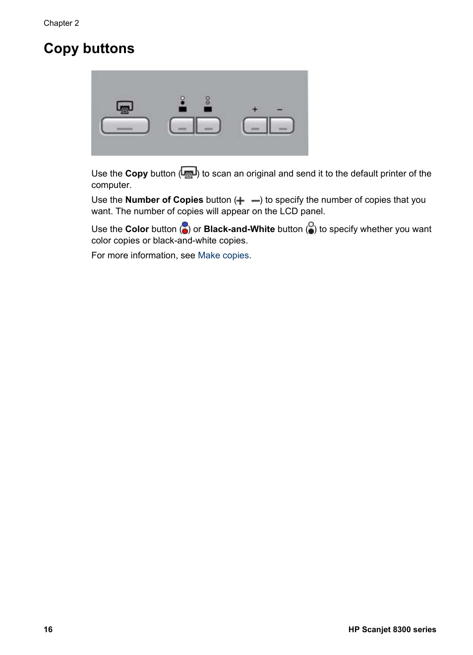 Scan document to buttons, Ors or omissions contained, Copy buttons | HP 8300 User Manual | Page 18 / 65