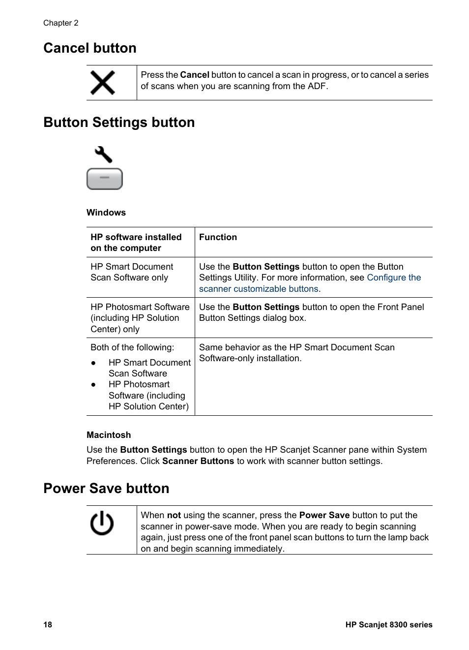 Cancel button, Button settings button, Power save button | HP 8300 User Manual | Page 20 / 65