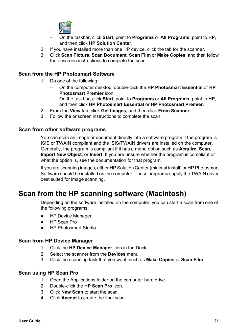 Scan from hp photosmart studio, Scan from other software programs, Scan from the hp scanning software (macintosh) | HP 8300 User Manual | Page 23 / 65