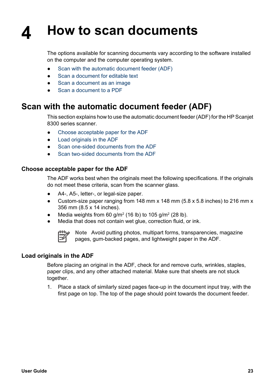 Scan one-sided documents from the adf, Scan two-sided documents from the adf, How to scan documents | Scan with the automatic document feeder (adf) | HP 8300 User Manual | Page 25 / 65