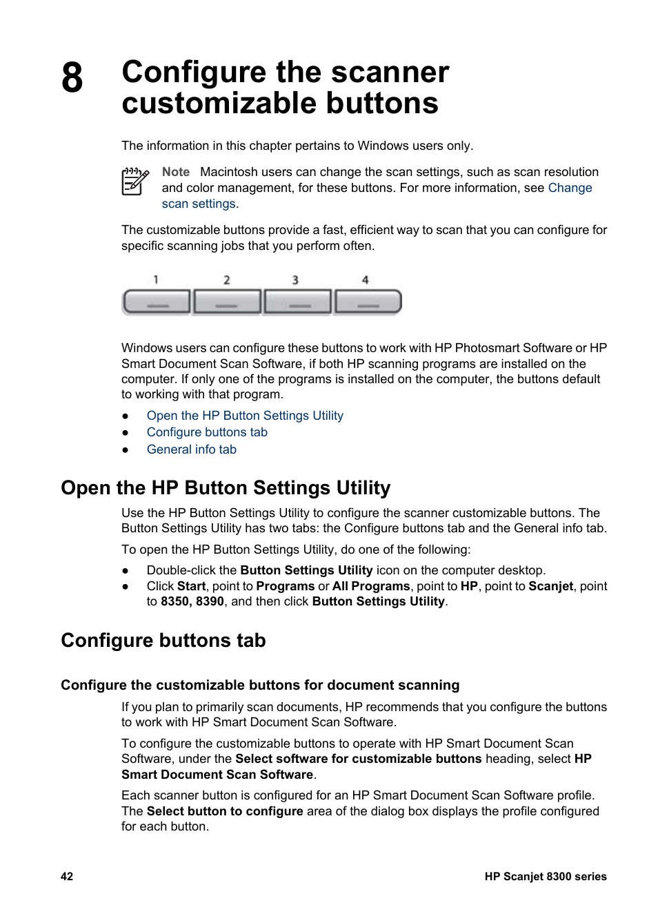 Assign a profile to a customizable button, General info tab, Configure the scanner customizable buttons | Open the hp button settings utility, Configure buttons tab | HP 8300 User Manual | Page 44 / 65