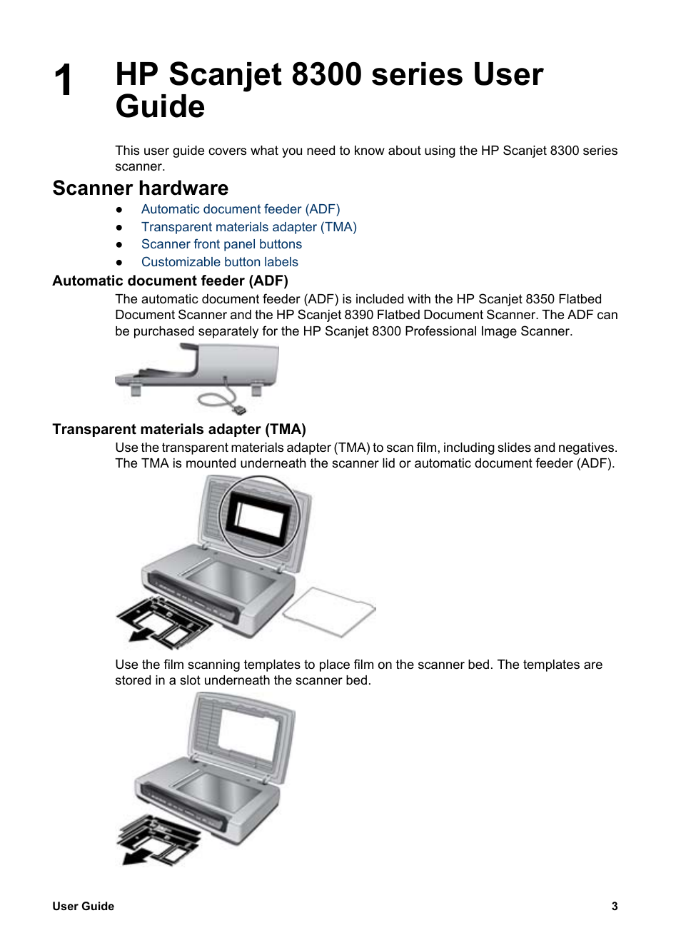 Scanner front panel buttons, Customizable button labels, Scanning software | Ge without notice, Error 10, Error 16, Hp scanjet 8300 series user guide, Scanner hardware | HP 8300 User Manual | Page 5 / 65