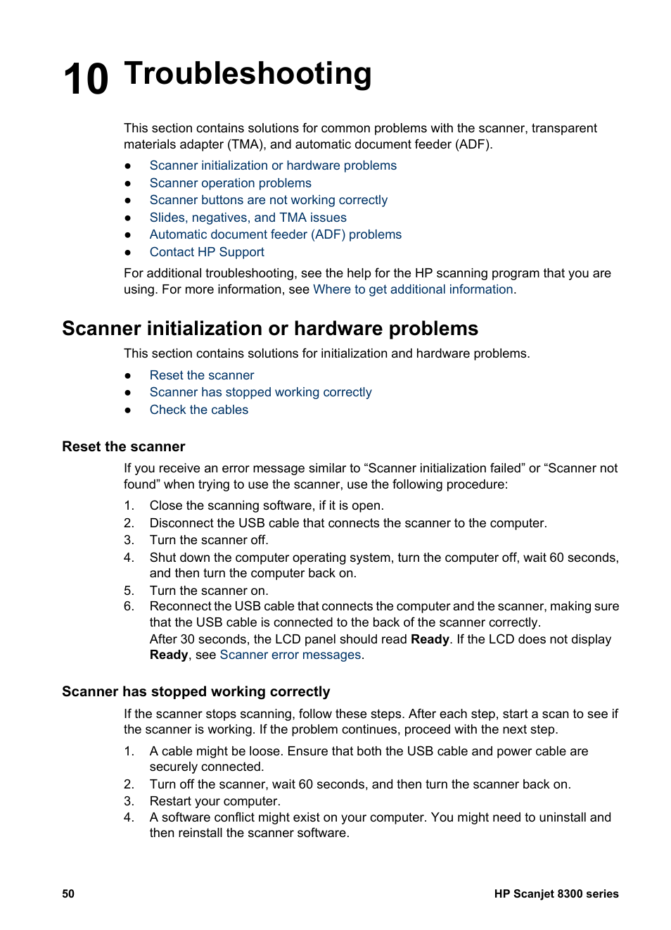 Check the cables, Scanner operation problems, Troubleshooting | Scanner initialization or hardware problems | HP 8300 User Manual | Page 52 / 65