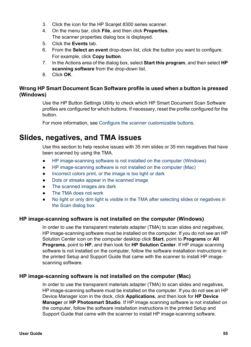 Dots or streaks appear in the scanned image, The scanned images are dark, The tma does not work | Automatic document feeder (adf) problems, You expect to see either hp sol, If you expected to see eithe, Hp solution cente, Slides, negatives, and tma issues | HP 8300 User Manual | Page 57 / 65