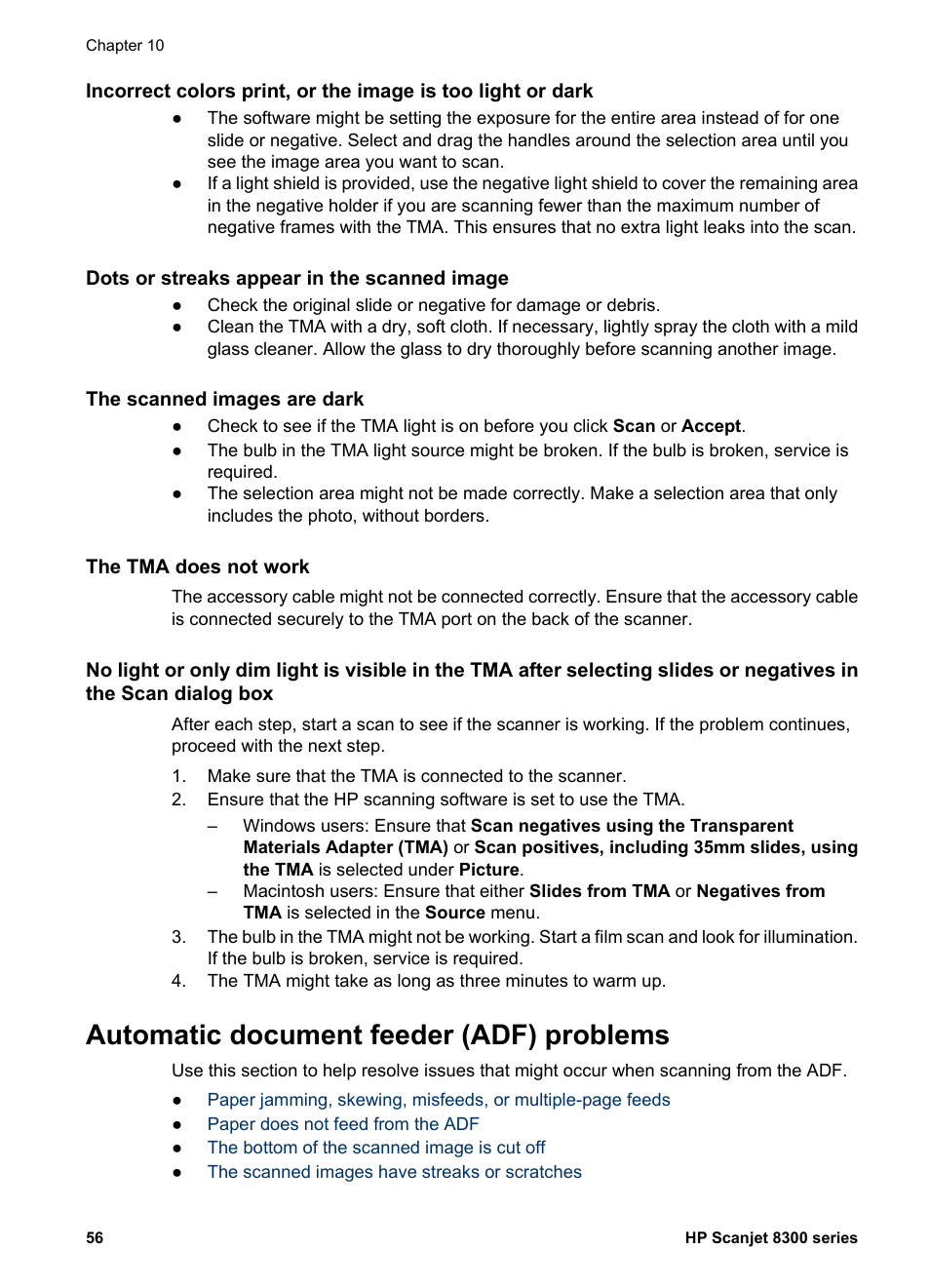 Paper does not feed from the adf, The bottom of the scanned image is cut off, The scanned images have streaks or scratches | Manager or hp photosmart studio . if hp i, Automatic document feeder (adf) problems | HP 8300 User Manual | Page 58 / 65