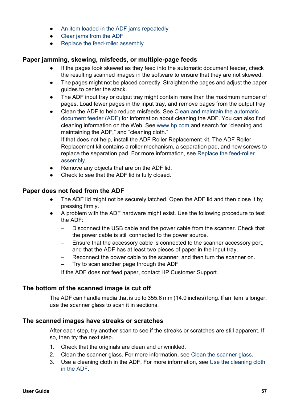 An item loaded in the adf jams repeatedly, Clear jams from the adf, Clear a jam from the start of the paper path | Olors print, or the image is too light or, The software might be se | HP 8300 User Manual | Page 59 / 65