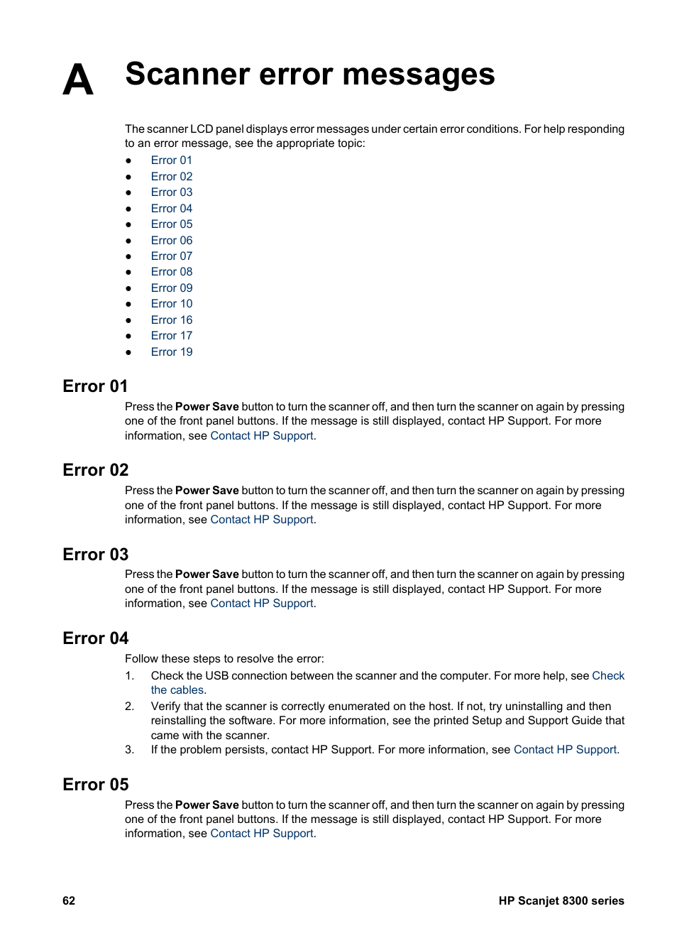 Error 06, Error 07, Error 08 | Error 09, Error 10, Error 16, Ow to use the scanner buttons customizable buttons, Commend, Eneral in, Adf frequ | HP 8300 User Manual | Page 64 / 65