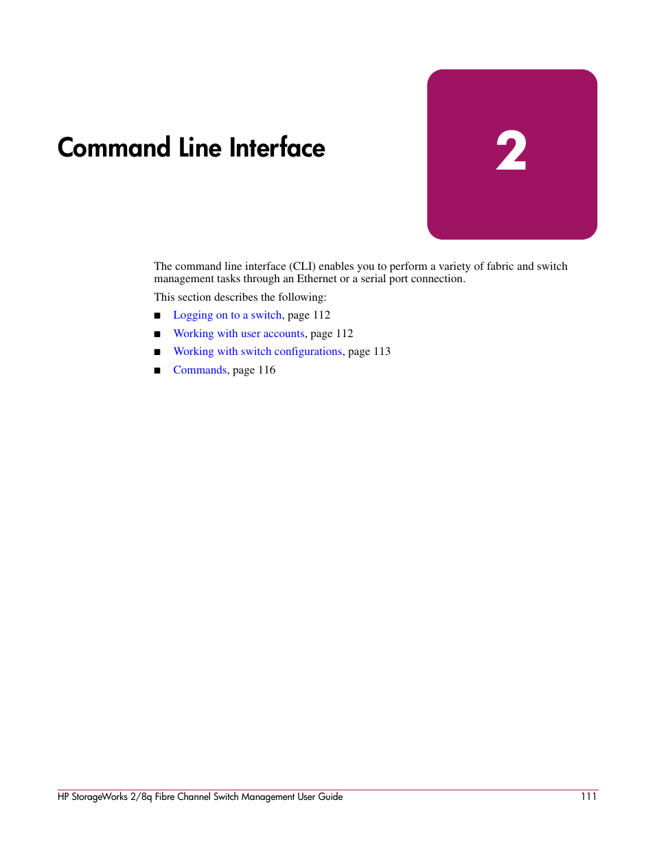 Command line interface, 2 command line interface | HP 2/8q Fibre Channel User Manual | Page 111 / 188