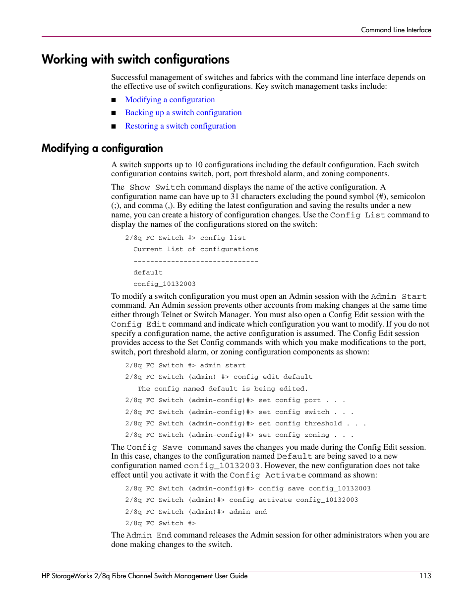 Working with switch configurations, Modifying a configuration | HP 2/8q Fibre Channel User Manual | Page 113 / 188