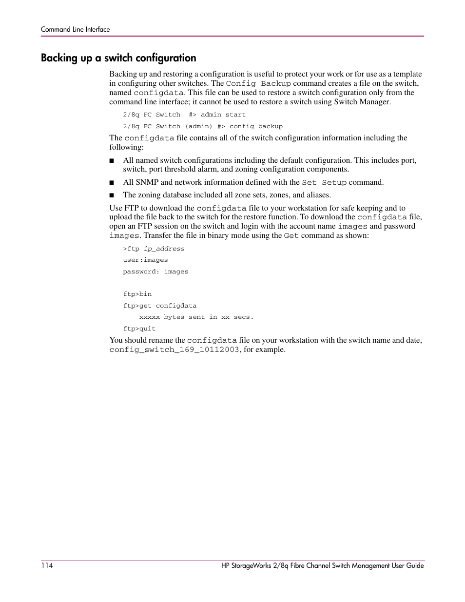 Backing up a switch configuration | HP 2/8q Fibre Channel User Manual | Page 114 / 188