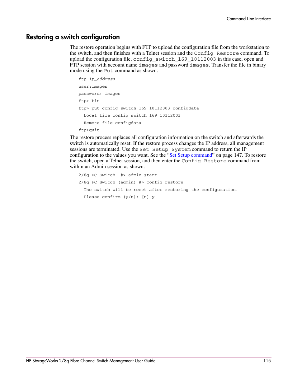 Restoring a switch configuration | HP 2/8q Fibre Channel User Manual | Page 115 / 188