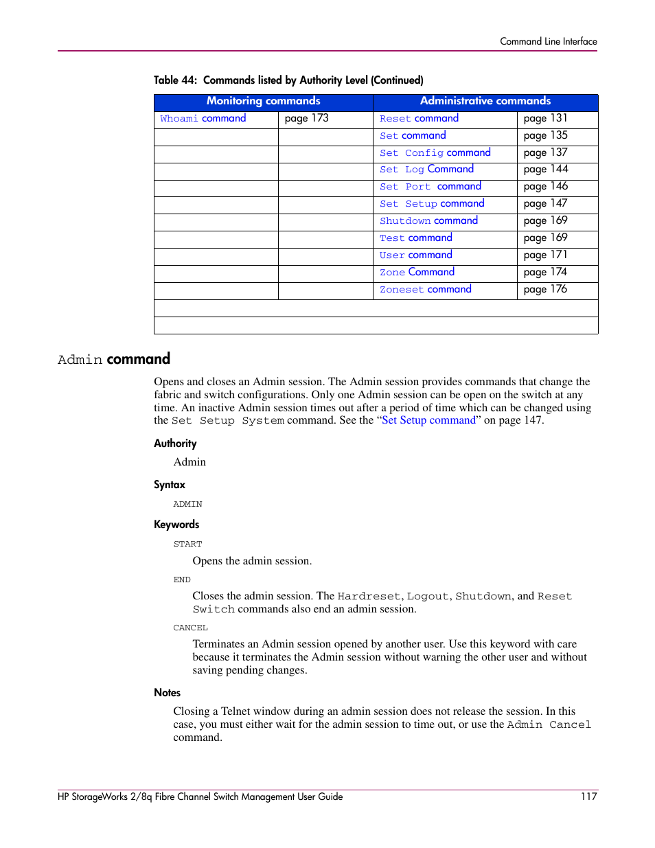 Admin command, Admin, Command | Authority syntax keywords notes, Ssion. see the | HP 2/8q Fibre Channel User Manual | Page 117 / 188