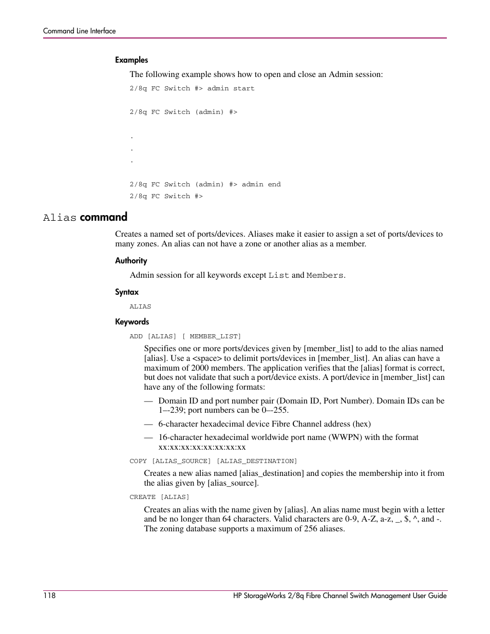Alias command, Examples, Alias | Command, Authority syntax keywords | HP 2/8q Fibre Channel User Manual | Page 118 / 188