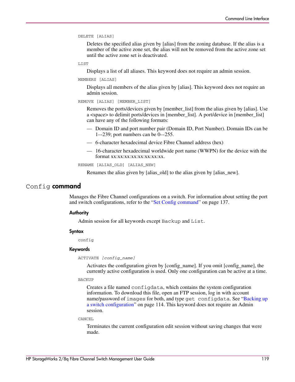 Config command, Config, Command | Authority syntax keywords | HP 2/8q Fibre Channel User Manual | Page 119 / 188