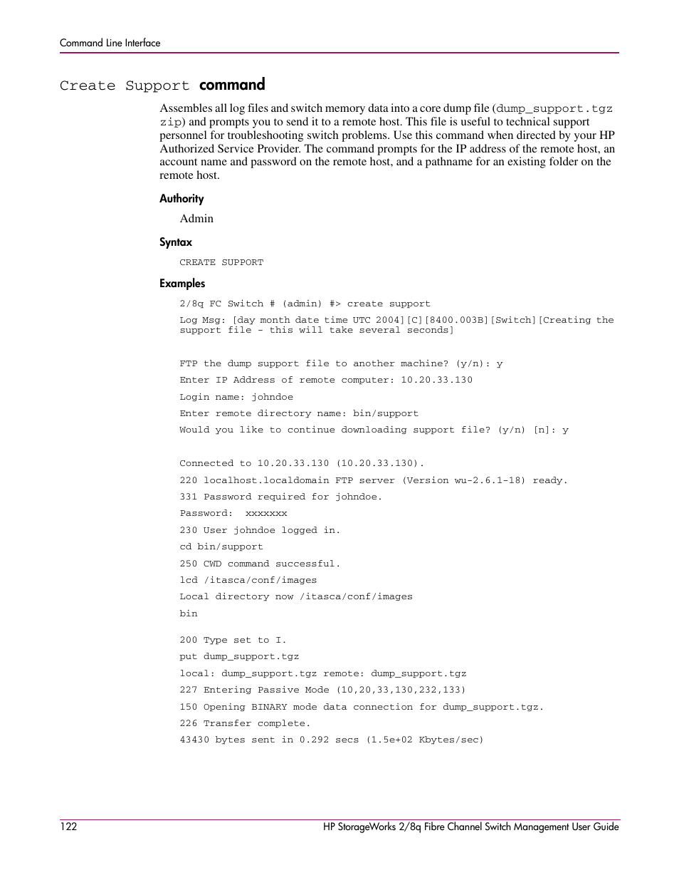 Create support command, Create support, Command | Authority syntax examples | HP 2/8q Fibre Channel User Manual | Page 122 / 188