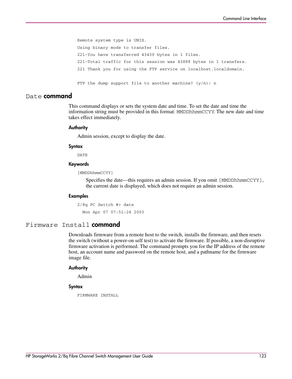 Date command, Firmware install command, Date | Authority syntax keywords examples, Firmware install, Authority syntax, Command | HP 2/8q Fibre Channel User Manual | Page 123 / 188