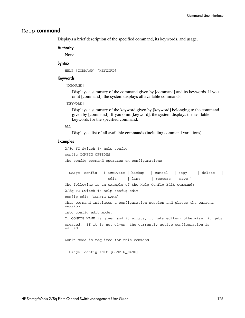 Help command, Help, Authority syntax keywords examples | Command | HP 2/8q Fibre Channel User Manual | Page 125 / 188