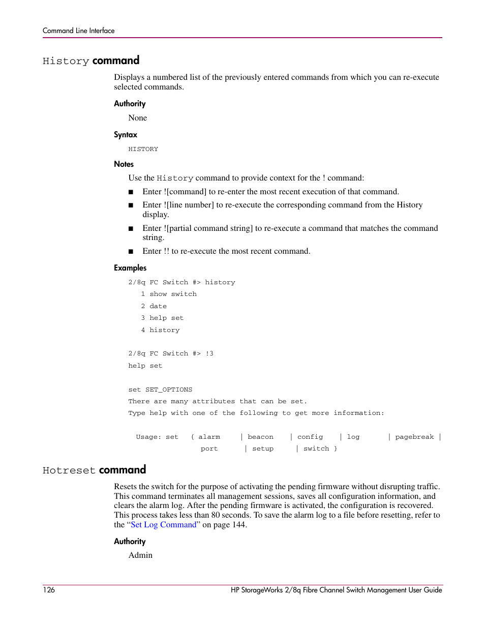 History command, Hotreset command, History | Authority syntax notes examples, Hotreset, Command, Authority | HP 2/8q Fibre Channel User Manual | Page 126 / 188