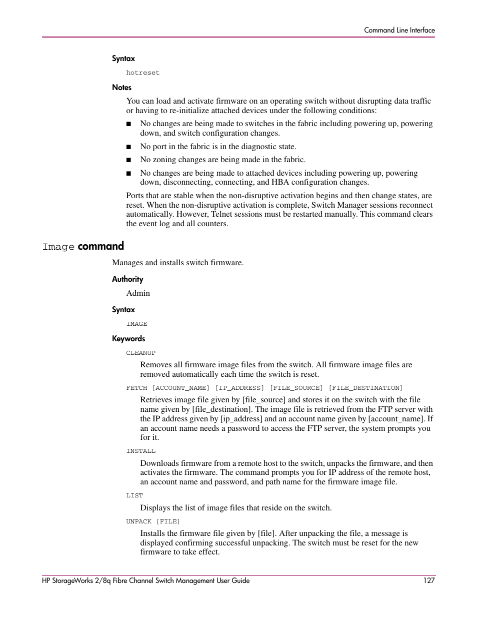 Image command, Syntax notes, Image | Command, Authority syntax keywords | HP 2/8q Fibre Channel User Manual | Page 127 / 188