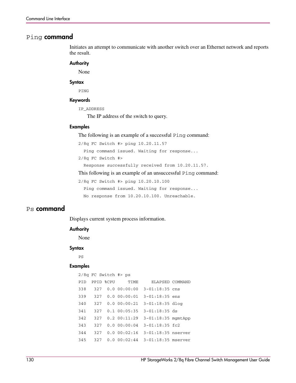 Ping command, Ps command, Ping | Authority syntax keywords examples, Authority syntax examples, Command | HP 2/8q Fibre Channel User Manual | Page 130 / 188