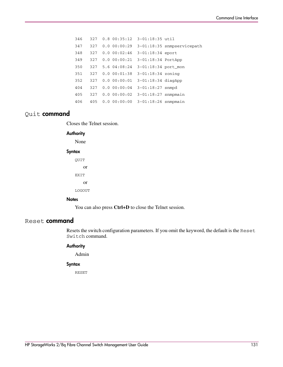 Quit command, Reset command, Quit | Authority syntax notes, Reset, Command, Authority syntax, To the | HP 2/8q Fibre Channel User Manual | Page 131 / 188