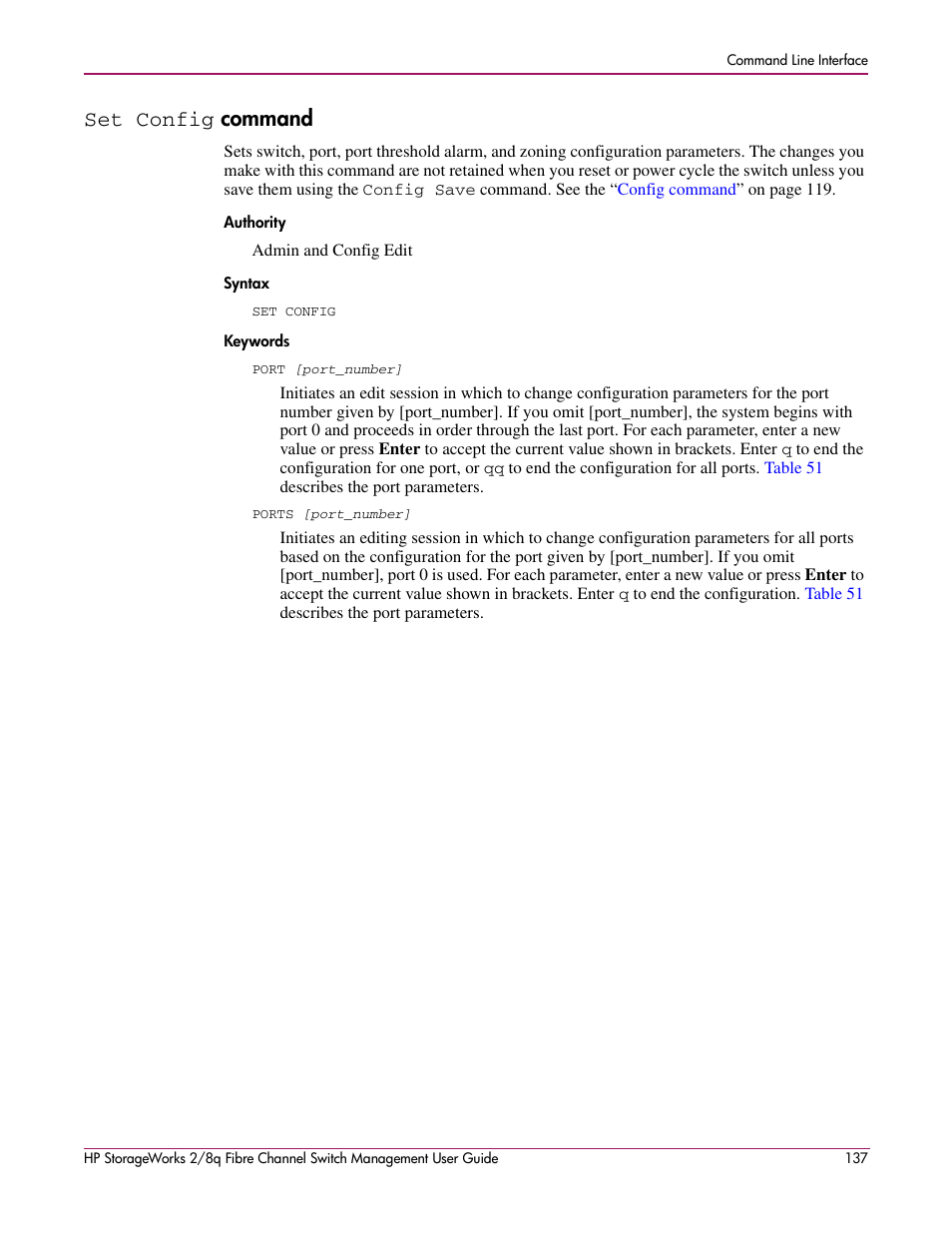 Set config command, Set config, Authority syntax keywords | Config command, Command, Igurations, refer to the | HP 2/8q Fibre Channel User Manual | Page 137 / 188
