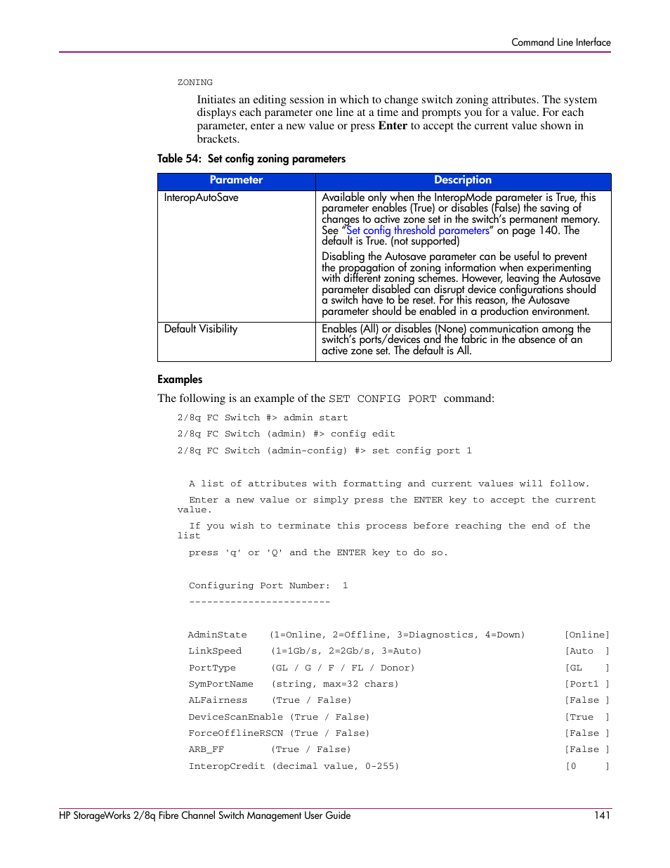 Examples, 54 set config zoning parameters | HP 2/8q Fibre Channel User Manual | Page 141 / 188