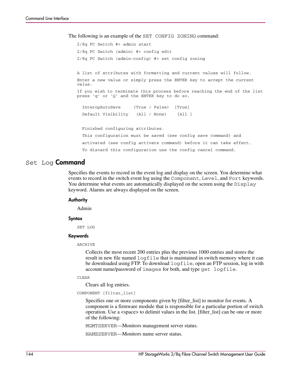 Set log command, Set log, Authority syntax keywords | Command, Refer to the | HP 2/8q Fibre Channel User Manual | Page 144 / 188