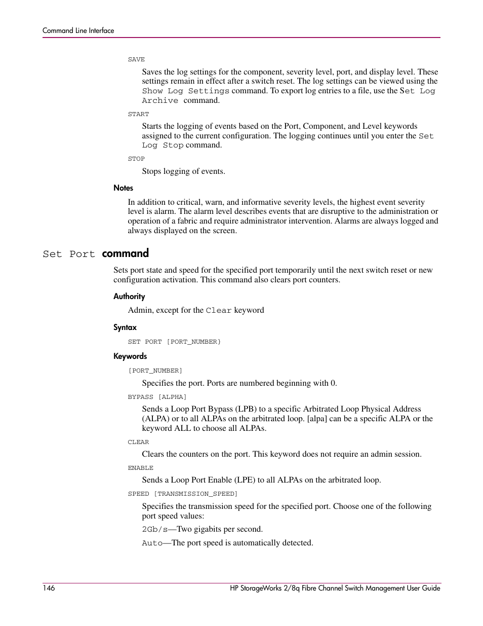Set port command, Notes, Set port | Authority syntax keywords, Command | HP 2/8q Fibre Channel User Manual | Page 146 / 188