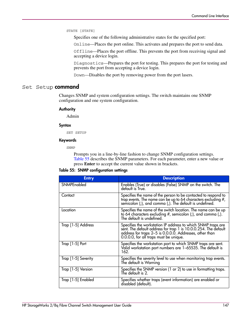 Set setup command, Set setup, Authority syntax keywords | 55 snmp configuration settings, Nt. see the, Command | HP 2/8q Fibre Channel User Manual | Page 147 / 188